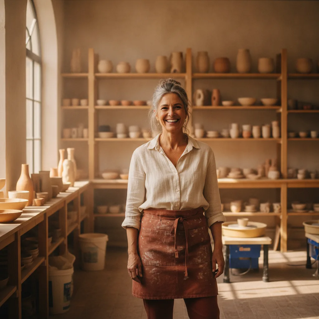 A confident woman in her fifties in a bright, beautiful home office