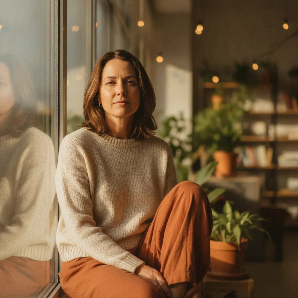 A woman looking forward with calm confidence, warm natural light